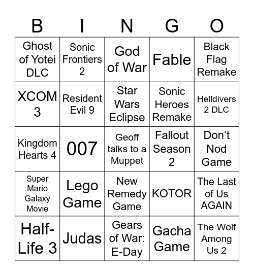 Game Awards 2025 Bingo Card