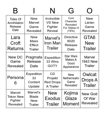 The Game Awards 2025 Bingo Card
