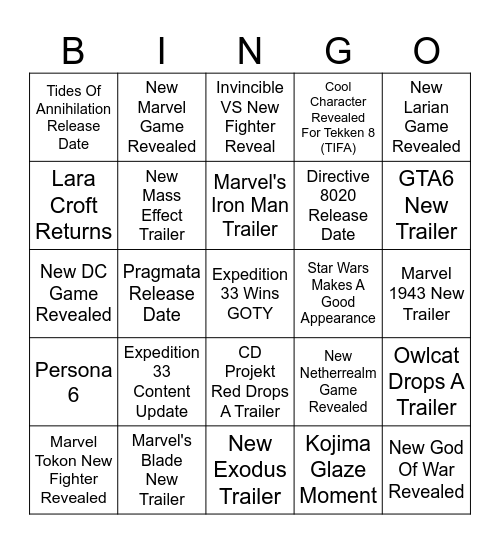 The Game Awards 2025 Bingo Card