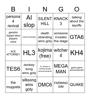 game awards 2025 bingo Card