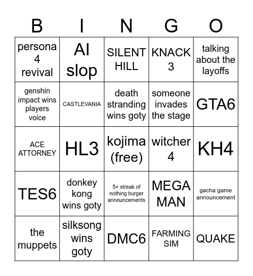 game awards 2025 bingo Card