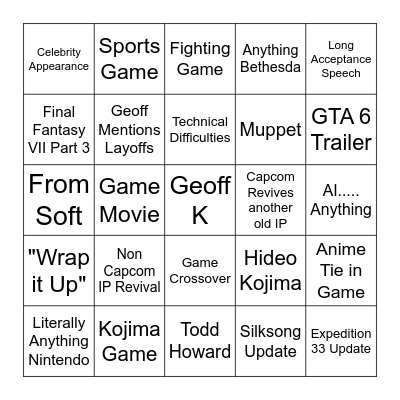 Game Awards 2025 Bingo Card