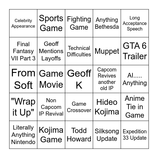 Game Awards 2025 Bingo Card