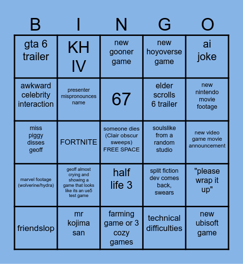 GAME AWARDS 2025 Bingo Card