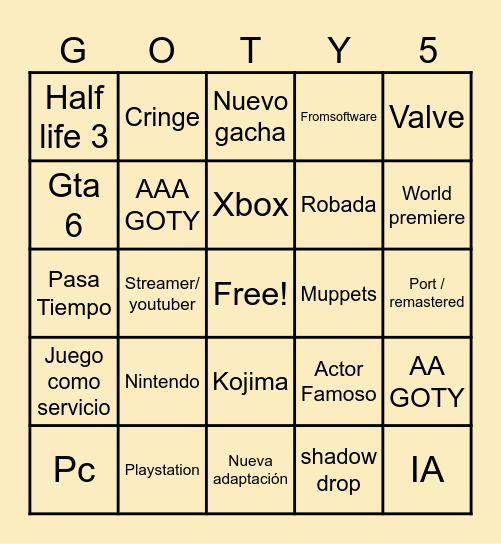 T.g.a Bingo Card