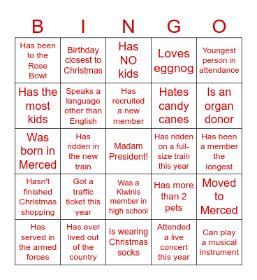 Kiwinis Christmas Party Bingo Card