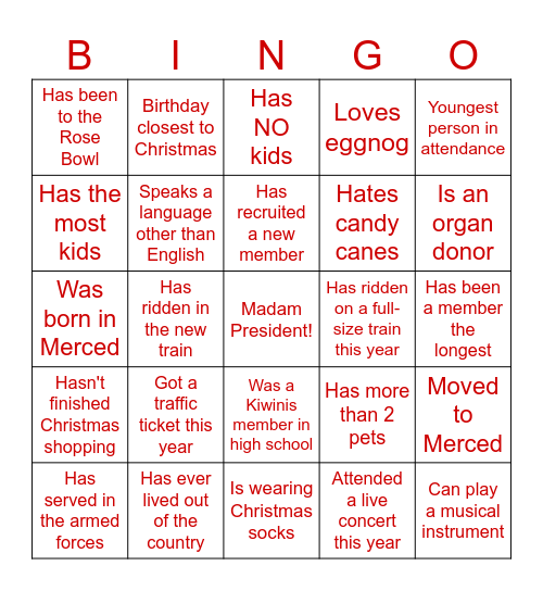 Kiwinis Christmas Party Bingo Card