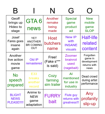 Game Awards BINGO Card