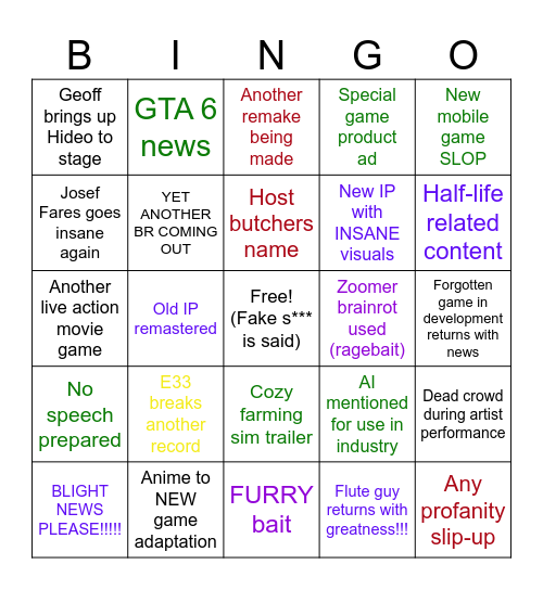 Game Awards BINGO Card