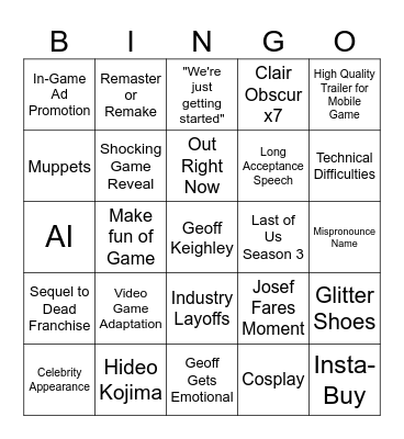 Game Awards Bingo Card