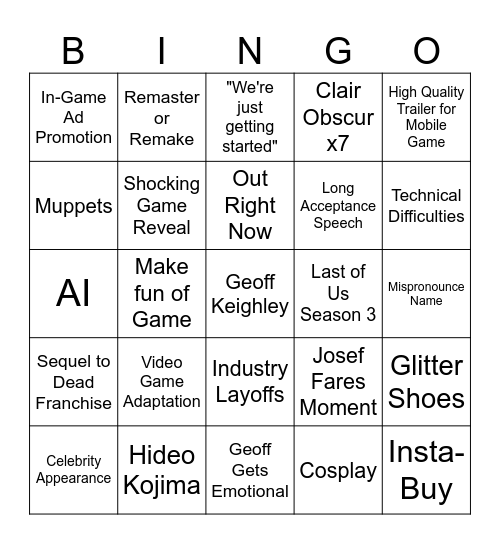 Game Awards Bingo Card