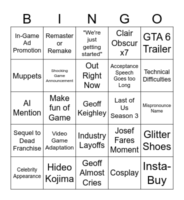Game Awards Bingo Card