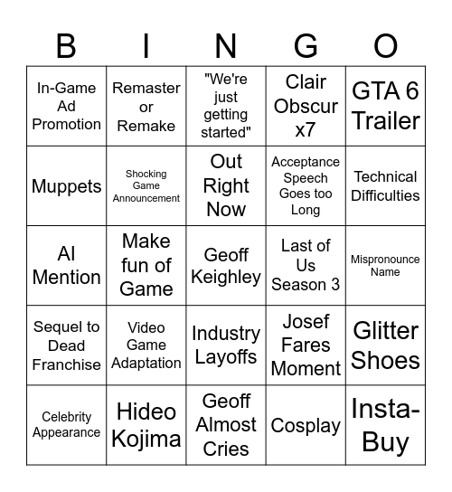 Game Awards Bingo Card