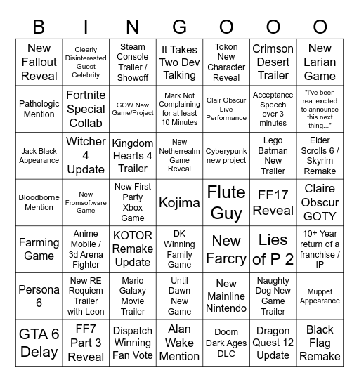 TGA Bingo 2025 Bingo Card