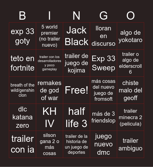 TGA Wea 2 Bingo Card