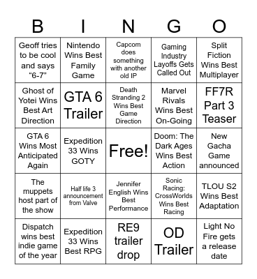 The Game Awards 2025 Bingo Card