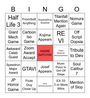 Game Awards 2025 Bingo Card