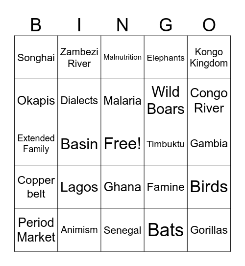 West and Central Africa Bingo Card