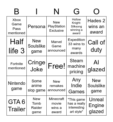 The Games Awards 2025 Bingo Card