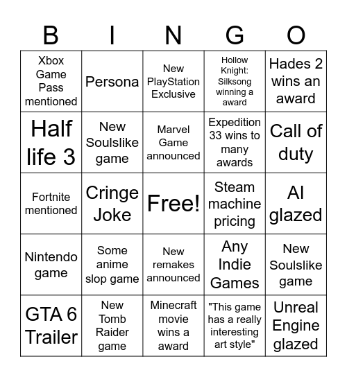 The Games Awards 2025 Bingo Card