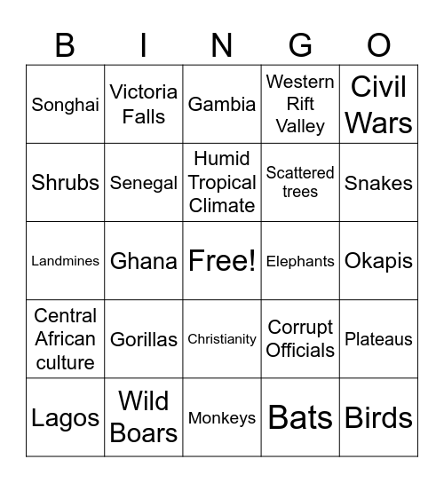 West and Central Africa 2 Bingo Card
