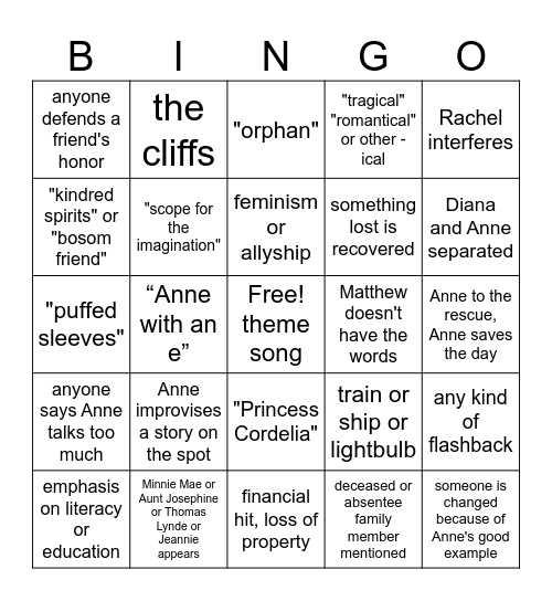 "Anne with an E" Bingo Card