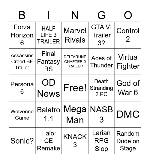 GAME AWARDS BINGO Card
