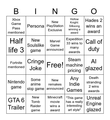The Games Awards 2025 Bingo Card