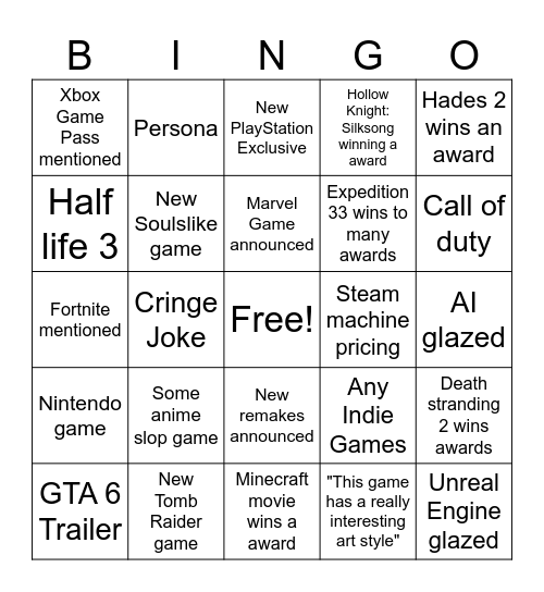 The Games Awards 2025 Bingo Card