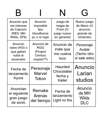 Game Awards Bingo Card