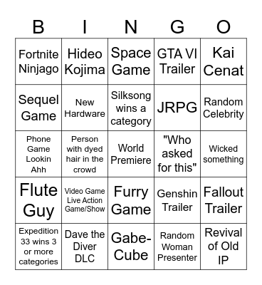 Game Awards 2025 Bingo Card