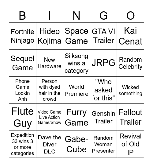 Game Awards 2025 Bingo Card
