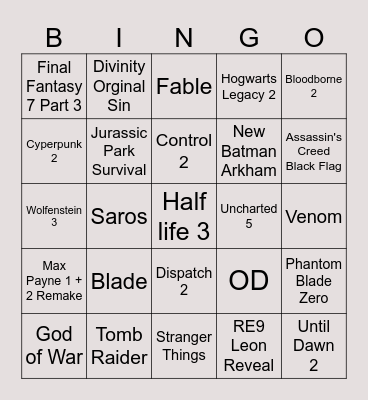 Game Awards 2025 Bingo Card