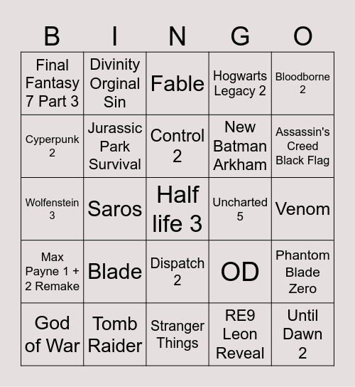 Game Awards 2025 Bingo Card