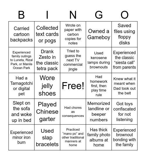 Balik Alaala: 90s Family & Parenting Bingo Card