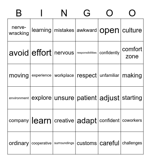 Vocabulary Bingo Card