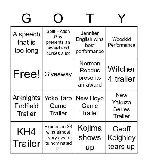 2025 Game Awards Bingo Card