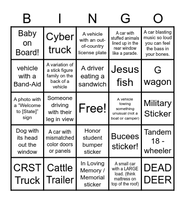 ROAD TRIP BINGO! Bingo Card