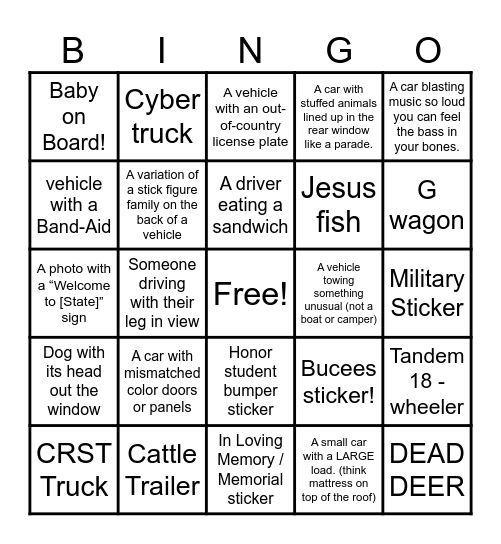 ROAD TRIP BINGO! Bingo Card