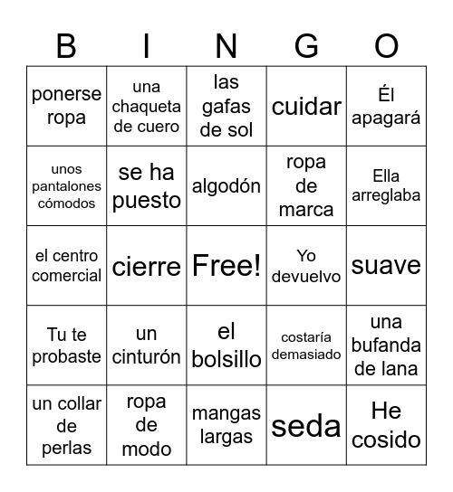 S3 Unit 8 -- La Ropa Bingo Card