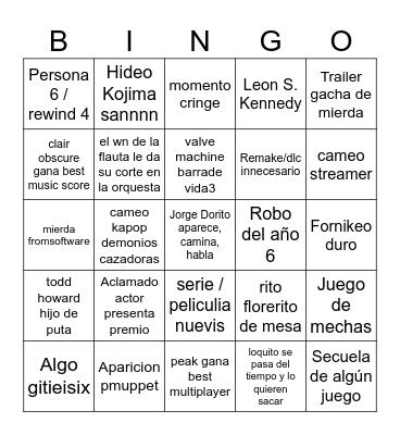 The game awards 2025 Bingo Card
