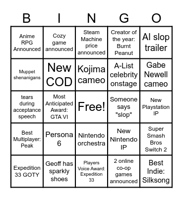 Game Awards 2025 Bingo Card