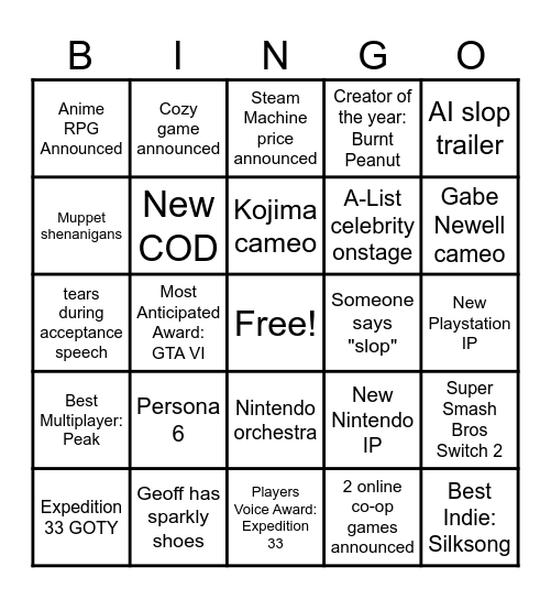 Game Awards 2025 Bingo Card