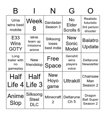Game Awards 2025 Bingo Card