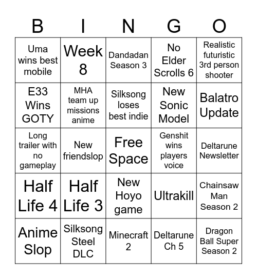 Game Awards 2025 Bingo Card