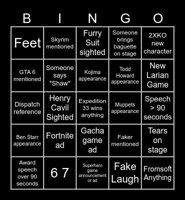 The Game Awards 2025 Bingo Card
