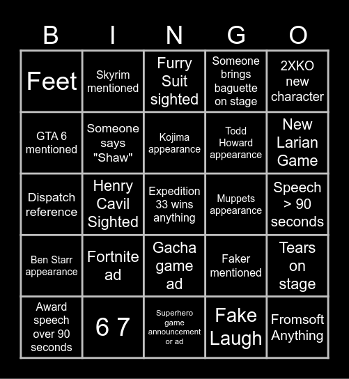 The Game Awards 2025 Bingo Card