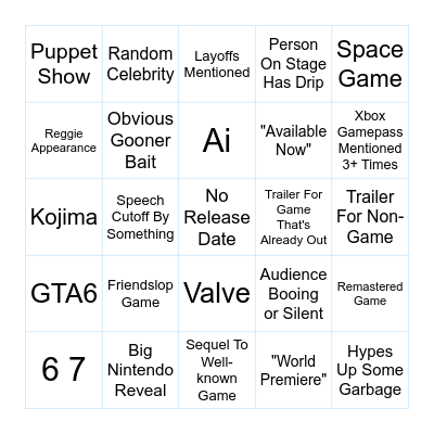 Game Awards 2025 Bingo Card