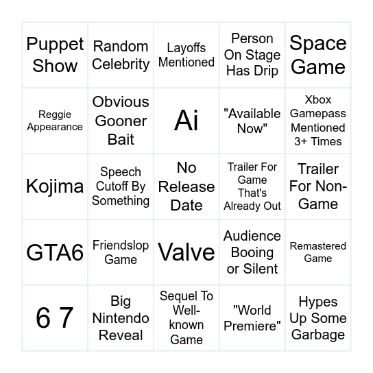 Game Awards 2025 Bingo Card