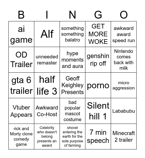 Game Award 2025 Bingo Card